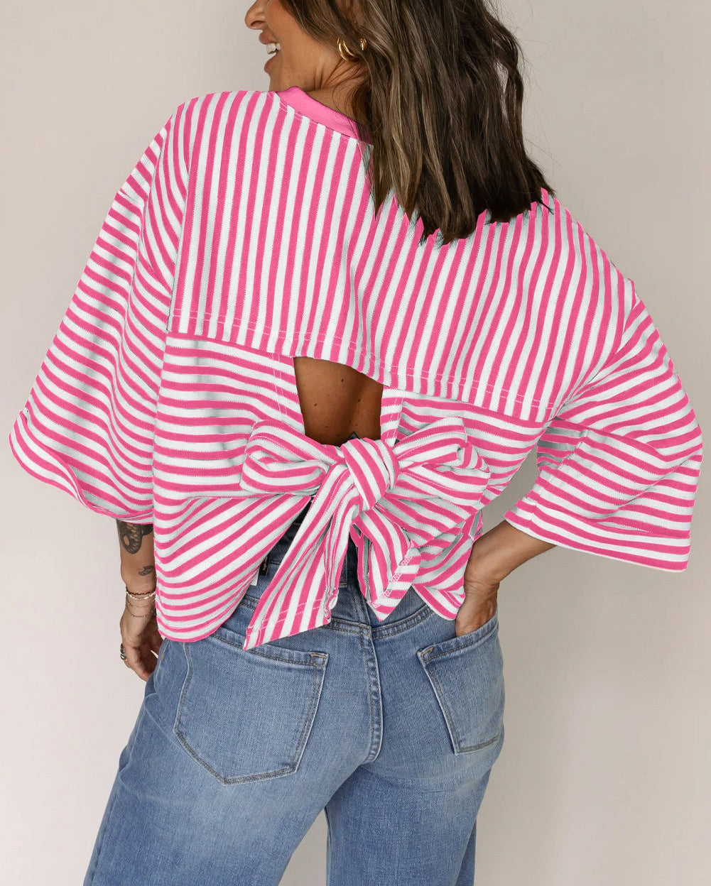 Round neck striped back tie bow pullover top