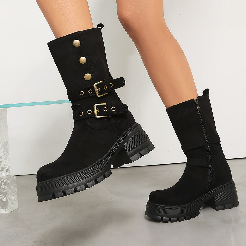 Supply Thick Sole High Heel Women's Boots  Punk Style Belt Buckle Ankle Boots