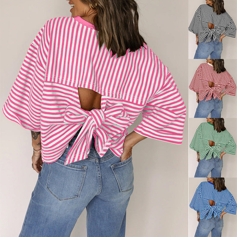 Round neck striped back tie bow pullover top
