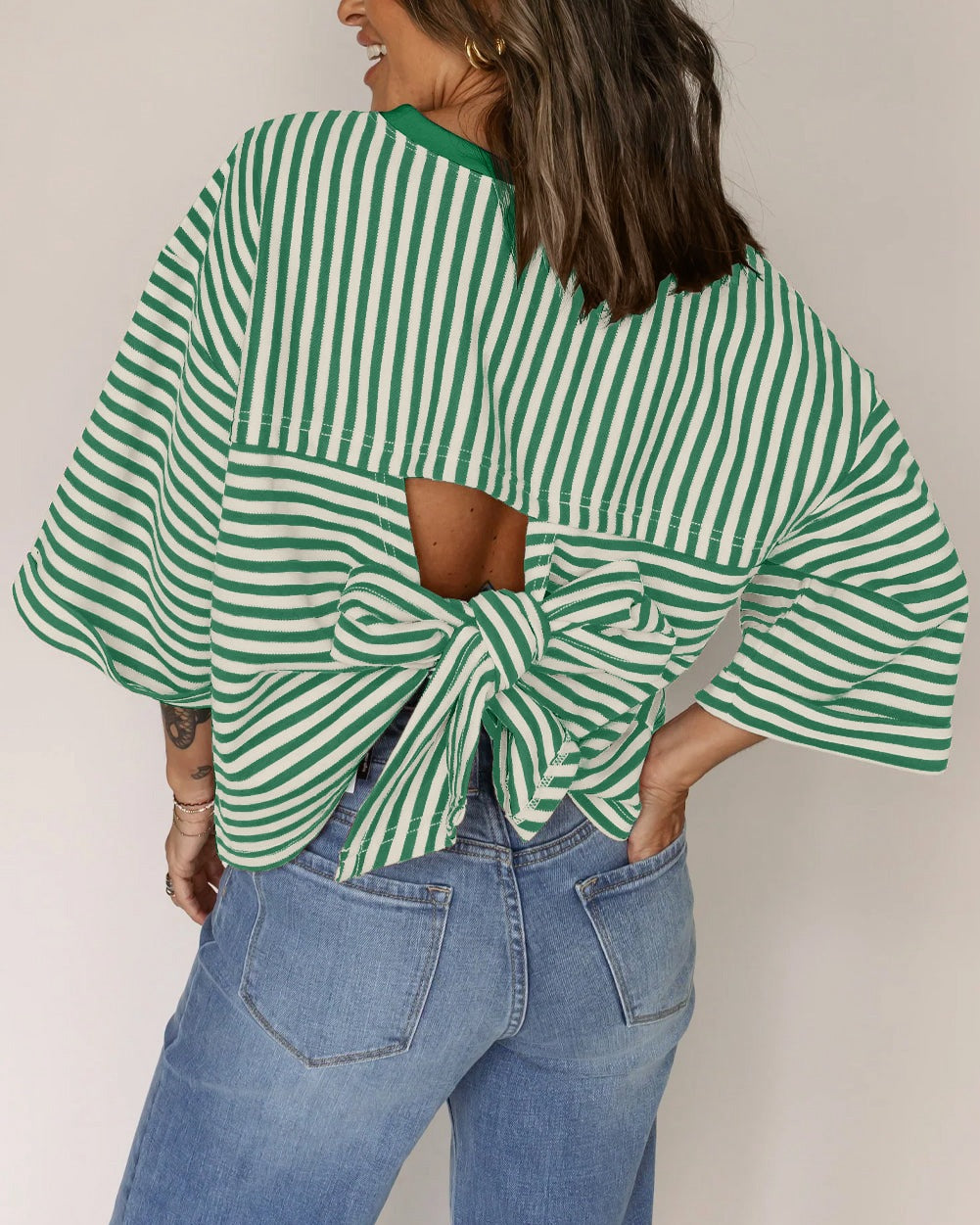 Round neck striped back tie bow pullover top