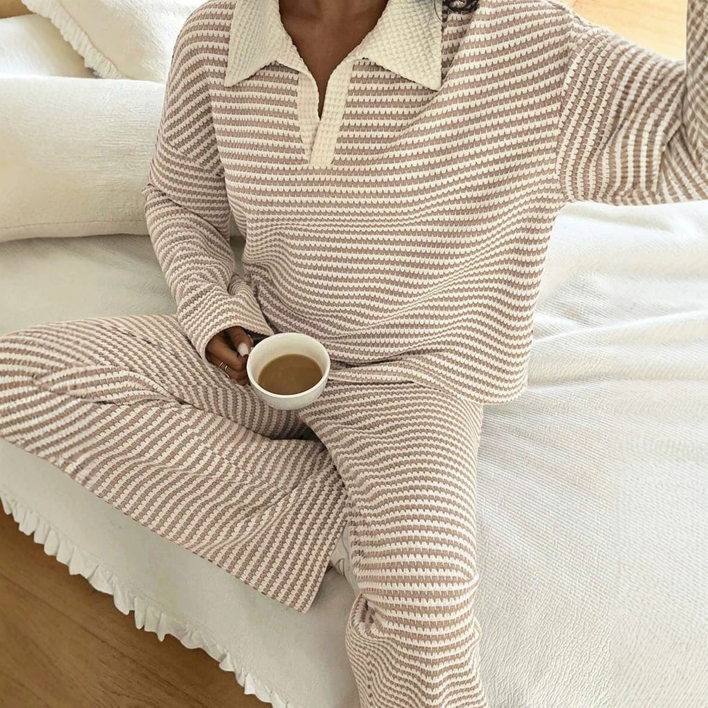 Long sleeved contrasting striped wide leg pants set