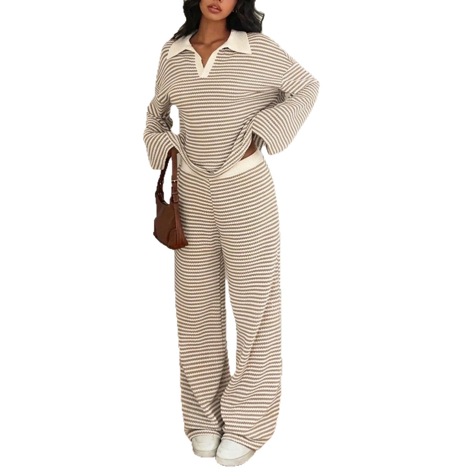 Long sleeved contrasting striped wide leg pants set