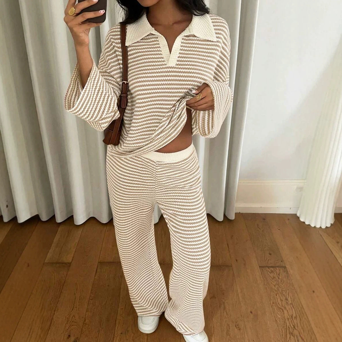 Long sleeved contrasting striped wide leg pants set