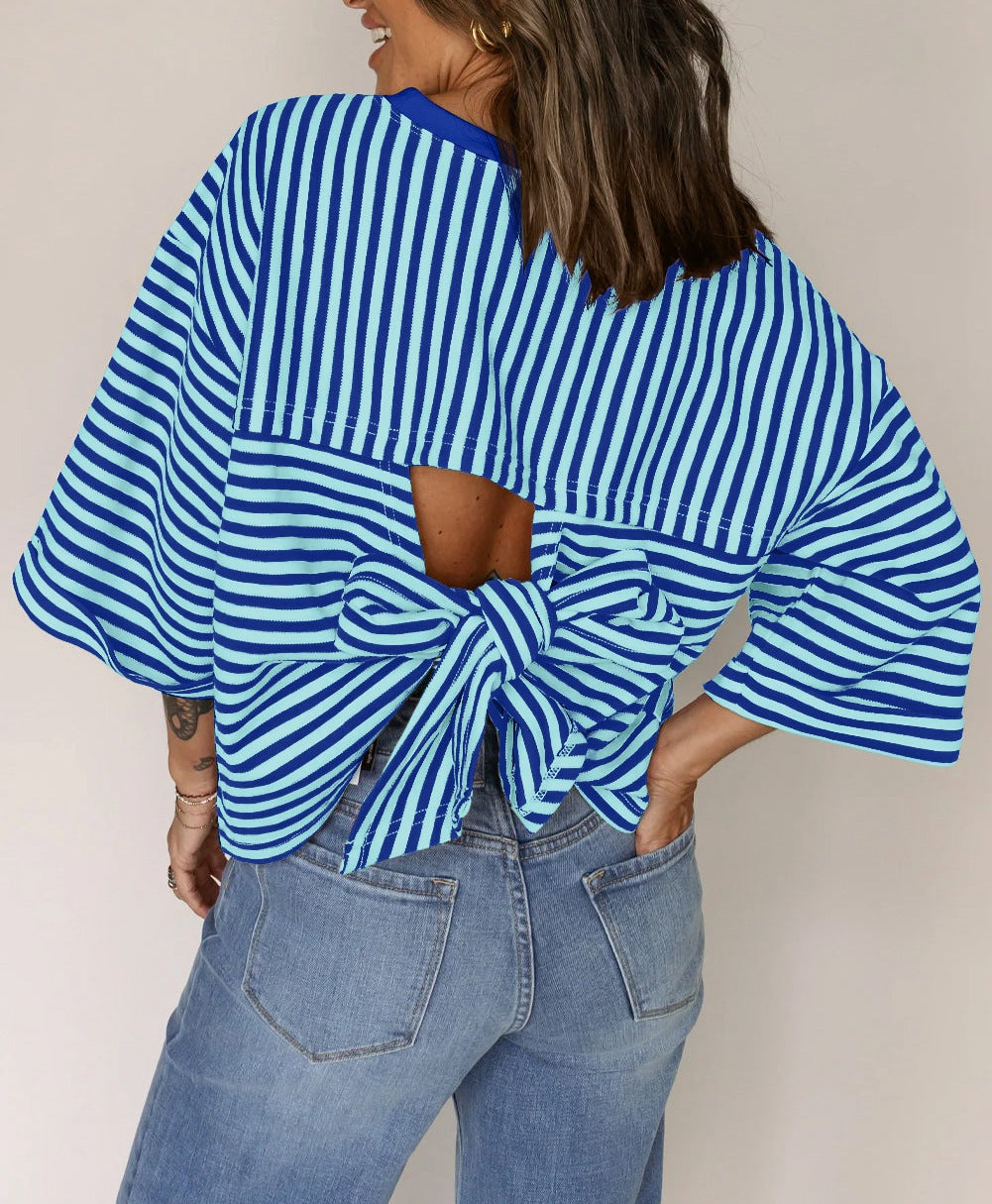 Round neck striped back tie bow pullover top