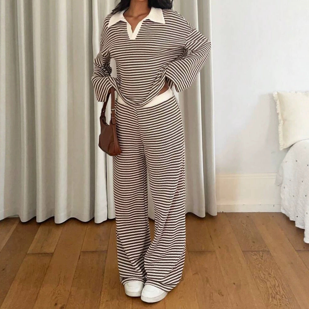 Long sleeved contrasting striped wide leg pants set