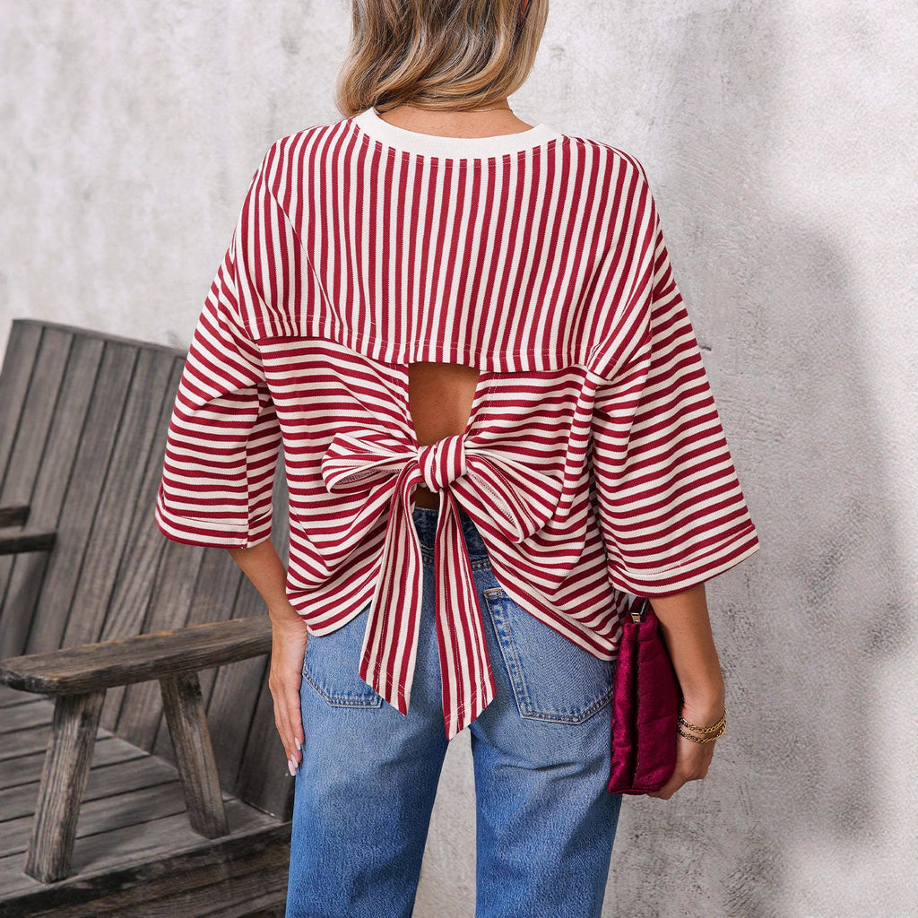 Round neck striped back tie bow pullover top