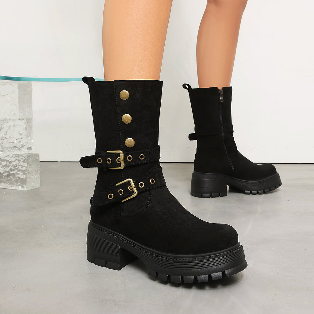 Supply Thick Sole High Heel Women's Boots  Punk Style Belt Buckle Ankle Boots
