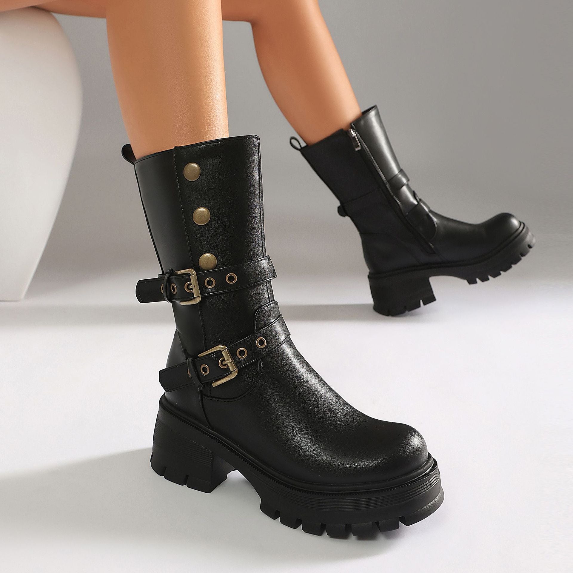 Supply Thick Sole High Heel Women's Boots  Punk Style Belt Buckle Ankle Boots